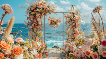 el fondo para un aire libre Boda en el playa lleno con hermosa floral decoraciones y adornos ai generar foto