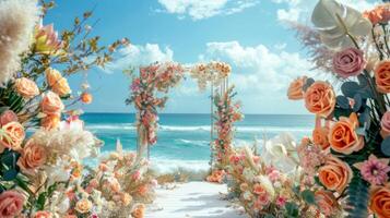 el fondo para un aire libre Boda en el playa lleno con hermosa floral decoraciones y adornos ai generar foto