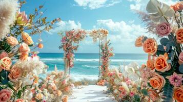 The backdrop for an open-air wedding on the beach filled with beautiful floral decorations and ornaments ai generate photo