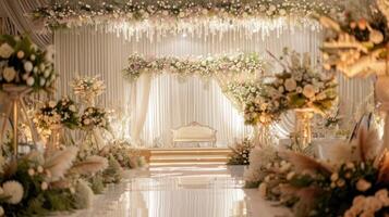 Wedding stage decoration background inside the building with elegant and beautiful flower decorations photo