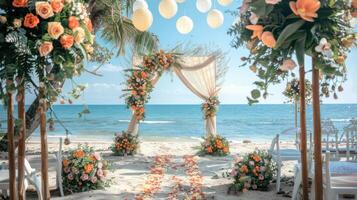 el fondo para un aire libre Boda en el playa lleno con hermosa floral decoraciones y adornos ai generar foto