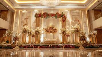 Boda etapa decoración antecedentes dentro el edificio con elegante y hermosa flor decoraciones foto