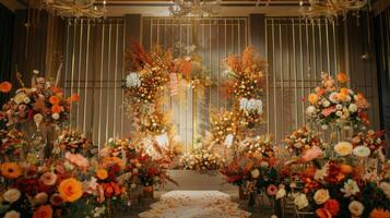 Boda etapa decoración antecedentes dentro el edificio con elegante y hermosa flor decoraciones foto