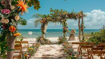 el fondo para un aire libre Boda en el playa lleno con hermosa floral decoraciones y adornos ai generar foto