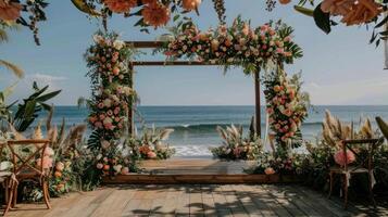 The backdrop for an open-air wedding on the beach filled with beautiful floral decorations and ornaments ai generate photo