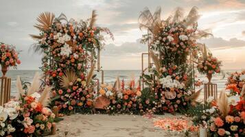 el fondo para un aire libre Boda en el playa lleno con hermosa floral decoraciones y adornos ai generar foto