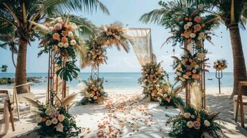 el fondo para un aire libre Boda en el playa lleno con hermosa floral decoraciones y adornos ai generar foto