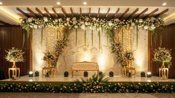 Wedding stage decoration background inside the building with elegant and beautiful flower decorations photo