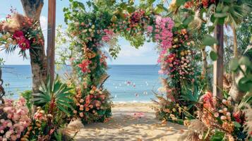 el fondo para un aire libre Boda en el playa lleno con hermosa floral decoraciones y adornos ai generar foto