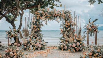 el fondo para un aire libre Boda en el playa lleno con hermosa floral decoraciones y adornos ai generar foto