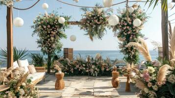 el fondo para un aire libre Boda en el playa lleno con hermosa floral decoraciones y adornos ai generar foto