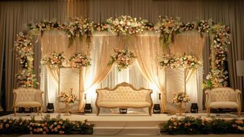 Boda etapa decoración antecedentes dentro el edificio con elegante y hermosa flor decoraciones foto