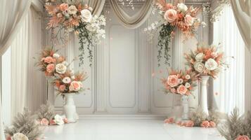 Boda etapa decoración antecedentes dentro el edificio con elegante y hermosa flor decoraciones foto