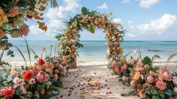 el fondo para un aire libre Boda en el playa lleno con hermosa floral decoraciones y adornos ai generar foto