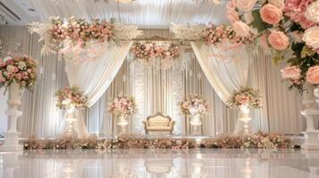 Boda etapa decoración antecedentes dentro el edificio con elegante y hermosa flor decoraciones foto