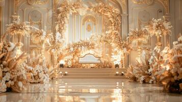 Wedding stage decoration background inside the building with elegant and beautiful flower decorations photo