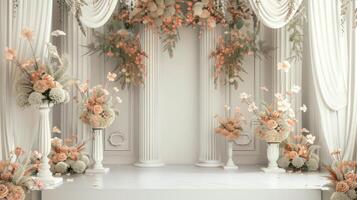 Boda etapa decoración antecedentes dentro el edificio con elegante y hermosa flor decoraciones foto