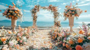 el fondo para un aire libre Boda en el playa lleno con hermosa floral decoraciones y adornos ai generar foto