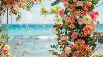 el fondo para un aire libre Boda en el playa lleno con hermosa floral decoraciones y adornos ai generar foto