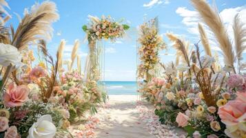 el fondo para un aire libre Boda en el playa lleno con hermosa floral decoraciones y adornos ai generar foto