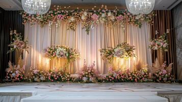 Boda etapa decoración antecedentes dentro el edificio con elegante y hermosa flor decoraciones foto