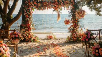 el fondo para un aire libre Boda en el playa lleno con hermosa floral decoraciones y adornos ai generar foto