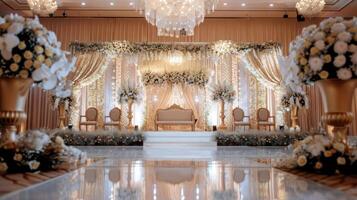 Wedding stage decoration background inside the building with elegant and beautiful flower decorations photo