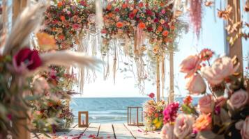 The backdrop for an open-air wedding on the beach filled with beautiful floral decorations and ornaments ai generate photo