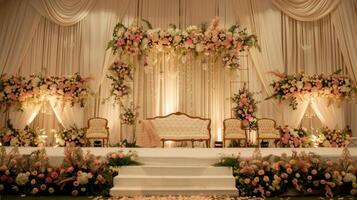 Wedding stage decoration background inside the building with elegant and beautiful flower decorations photo