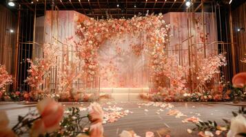 Wedding stage decoration background inside the building with elegant and beautiful flower decorations photo