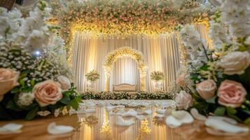 Boda etapa decoración antecedentes dentro el edificio con elegante y hermosa flor decoraciones foto