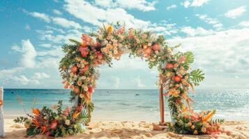 el fondo para un aire libre Boda en el playa lleno con hermosa floral decoraciones y adornos ai generar foto