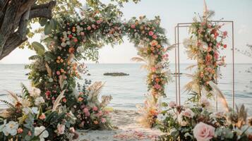 el fondo para un aire libre Boda en el playa lleno con hermosa floral decoraciones y adornos ai generar foto