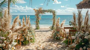 el fondo para un aire libre Boda en el playa lleno con hermosa floral decoraciones y adornos ai generar foto