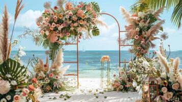 el fondo para un aire libre Boda en el playa lleno con hermosa floral decoraciones y adornos ai generar foto