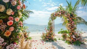 el fondo para un aire libre Boda en el playa lleno con hermosa floral decoraciones y adornos ai generar foto