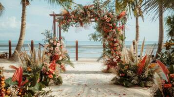 el fondo para un aire libre Boda en el playa lleno con hermosa floral decoraciones y adornos ai generar foto