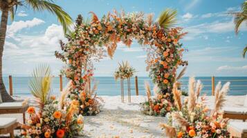 el fondo para un aire libre Boda en el playa lleno con hermosa floral decoraciones y adornos ai generar foto