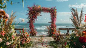 el fondo para un aire libre Boda en el playa lleno con hermosa floral decoraciones y adornos ai generar foto