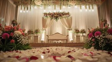 Wedding stage decoration background inside the building with elegant and beautiful flower decorations photo