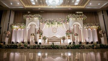 Wedding stage decoration background inside the building with elegant and beautiful flower decorations photo