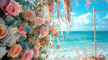 el fondo para un aire libre Boda en el playa lleno con hermosa floral decoraciones y adornos ai generar foto