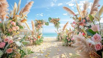 el fondo para un aire libre Boda en el playa lleno con hermosa floral decoraciones y adornos ai generar foto