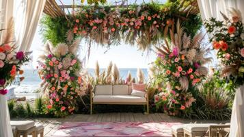 el fondo para un aire libre Boda en el playa lleno con hermosa floral decoraciones y adornos ai generar foto