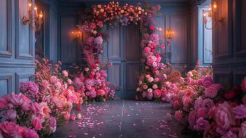 The wedding background and room for studio photos are filled with beautiful flower decorations