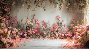 The wedding background and room for studio photos are filled with beautiful flower decorations