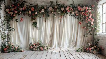 The wedding background and room for studio photos are filled with beautiful flower decorations