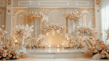 Wedding stage decoration background inside the building with elegant and beautiful flower decorations photo