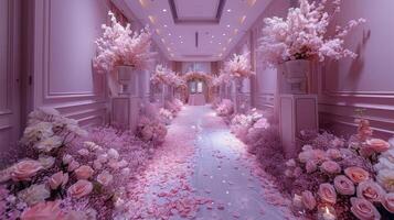 The wedding background and room for studio photos are filled with beautiful flower decorations