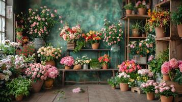The wedding background and room for studio photos are filled with beautiful flower decorations